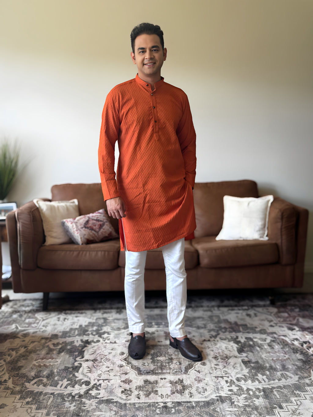 Orange Self Print Men Kurta