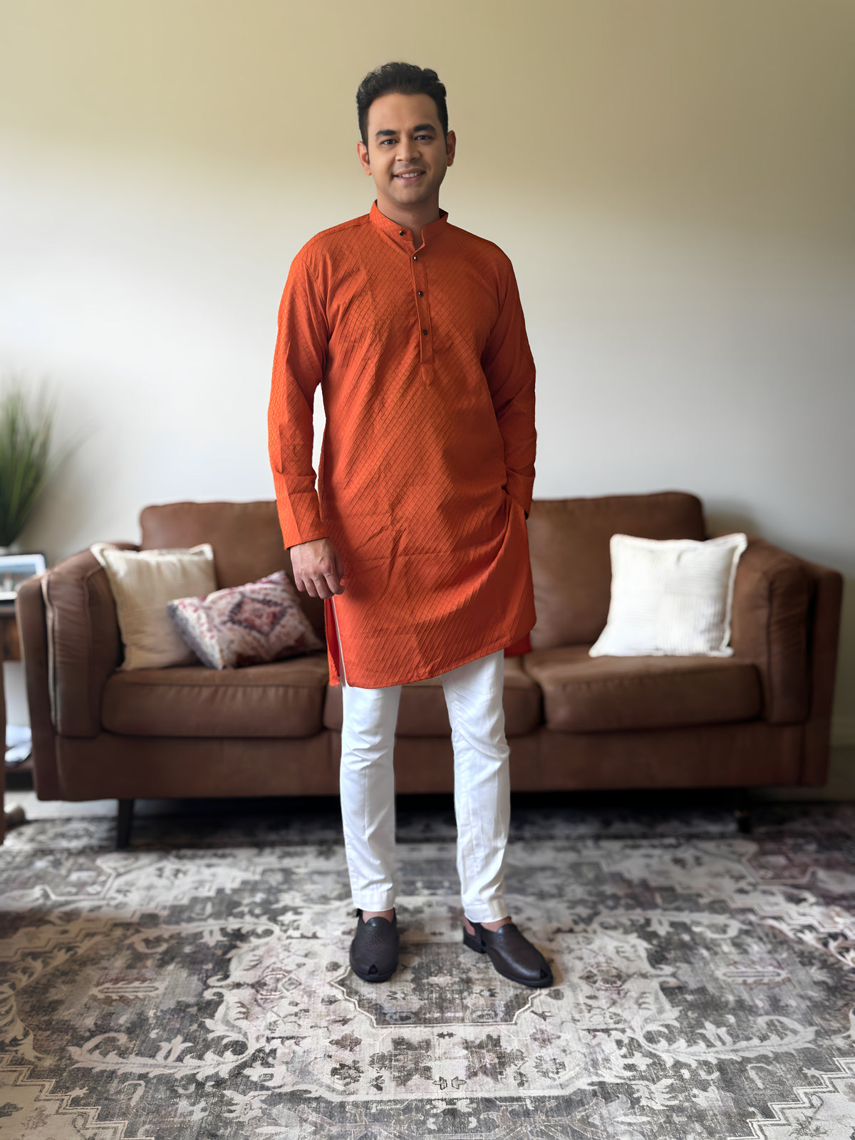 Orange Self Print Men Kurta