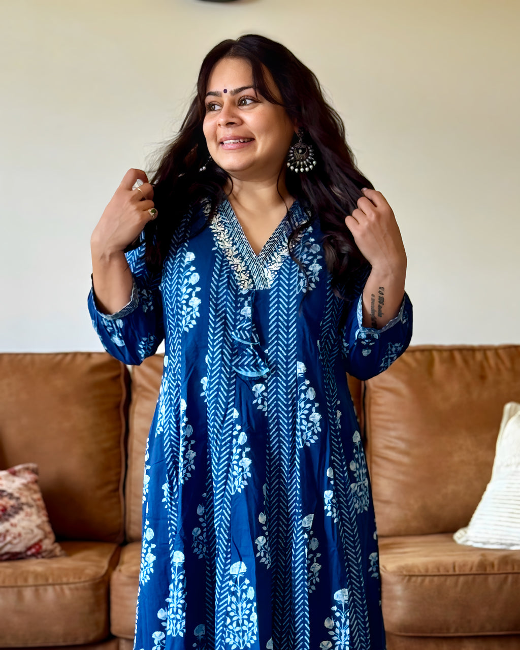 Dhwani wearing indigo blue cotton anarkali suit with hand block print dupatta – Go Desi Canada