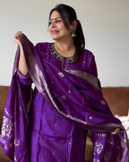 Purple Gota Patti Premium Russian Silk Suit Set – Festive Ethnic Wear with Round Neck