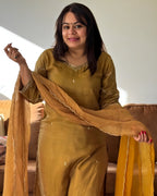 Close-up of embroidered dola silk mustard kurta for festive wear – Go Desi Indian clothing online