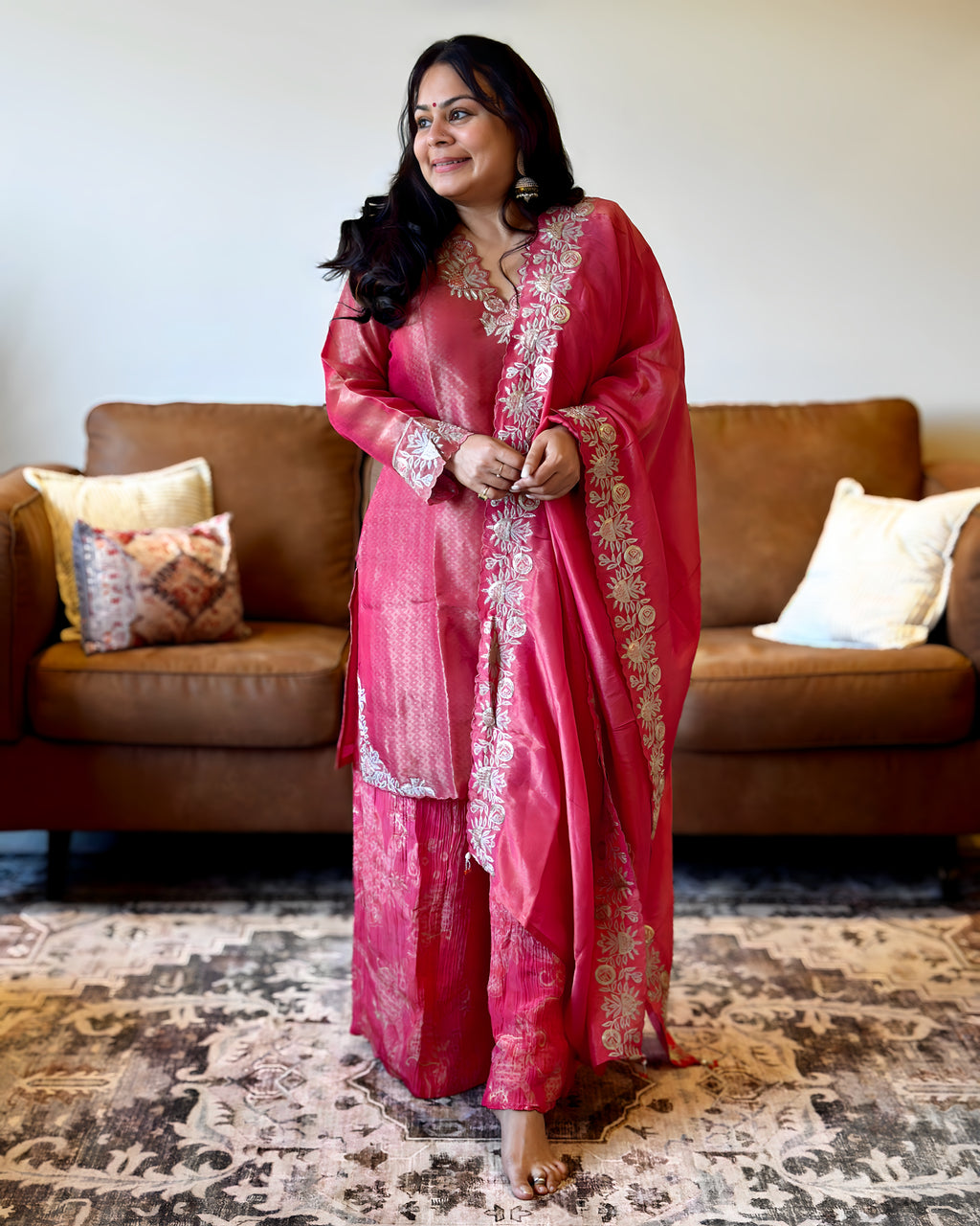 Dhwani wearing premium deep pink dola silk embroidered suit with matching dupatta – Go Desi Canada
