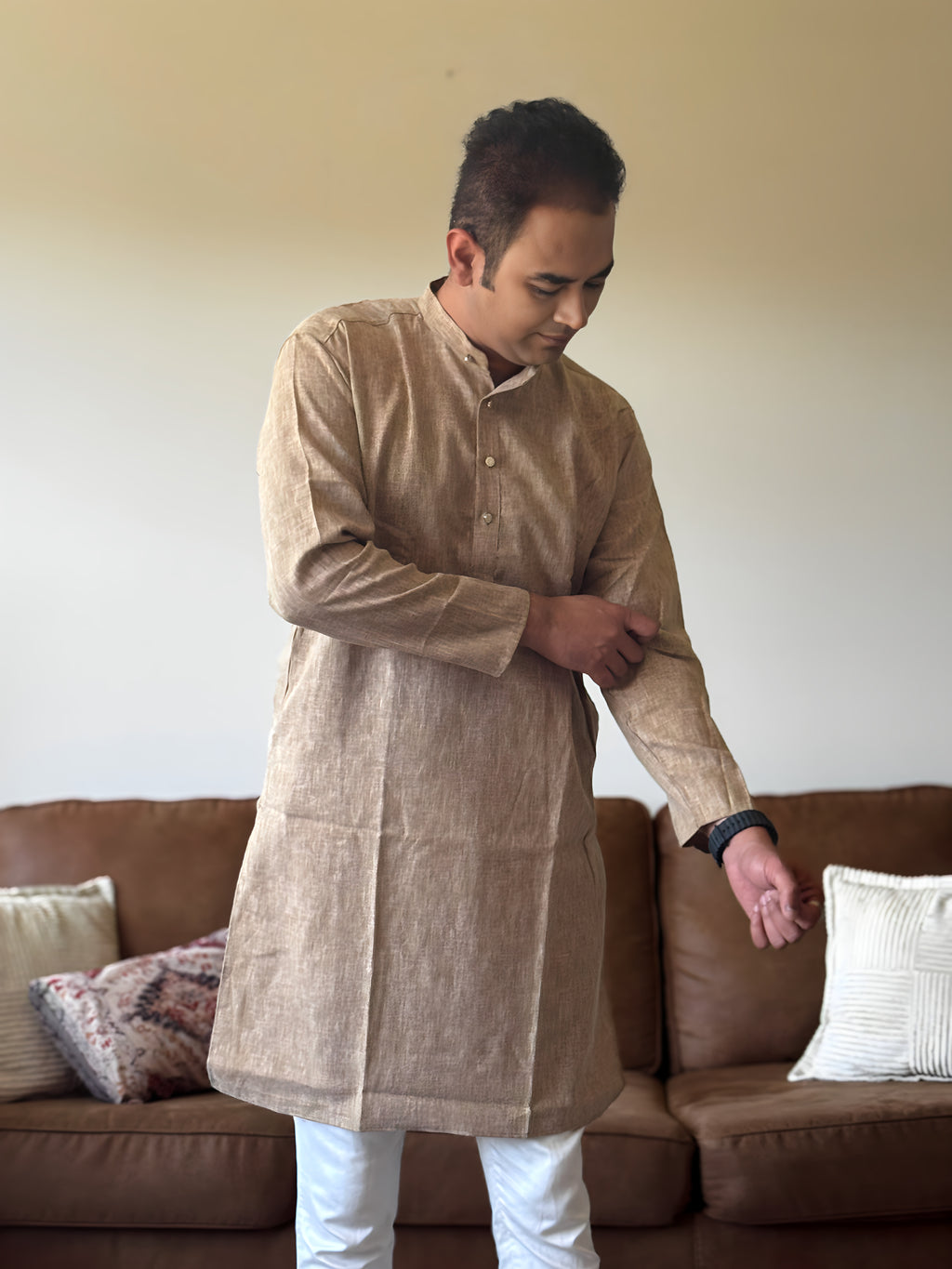 Light Brown Linen Men Kurta