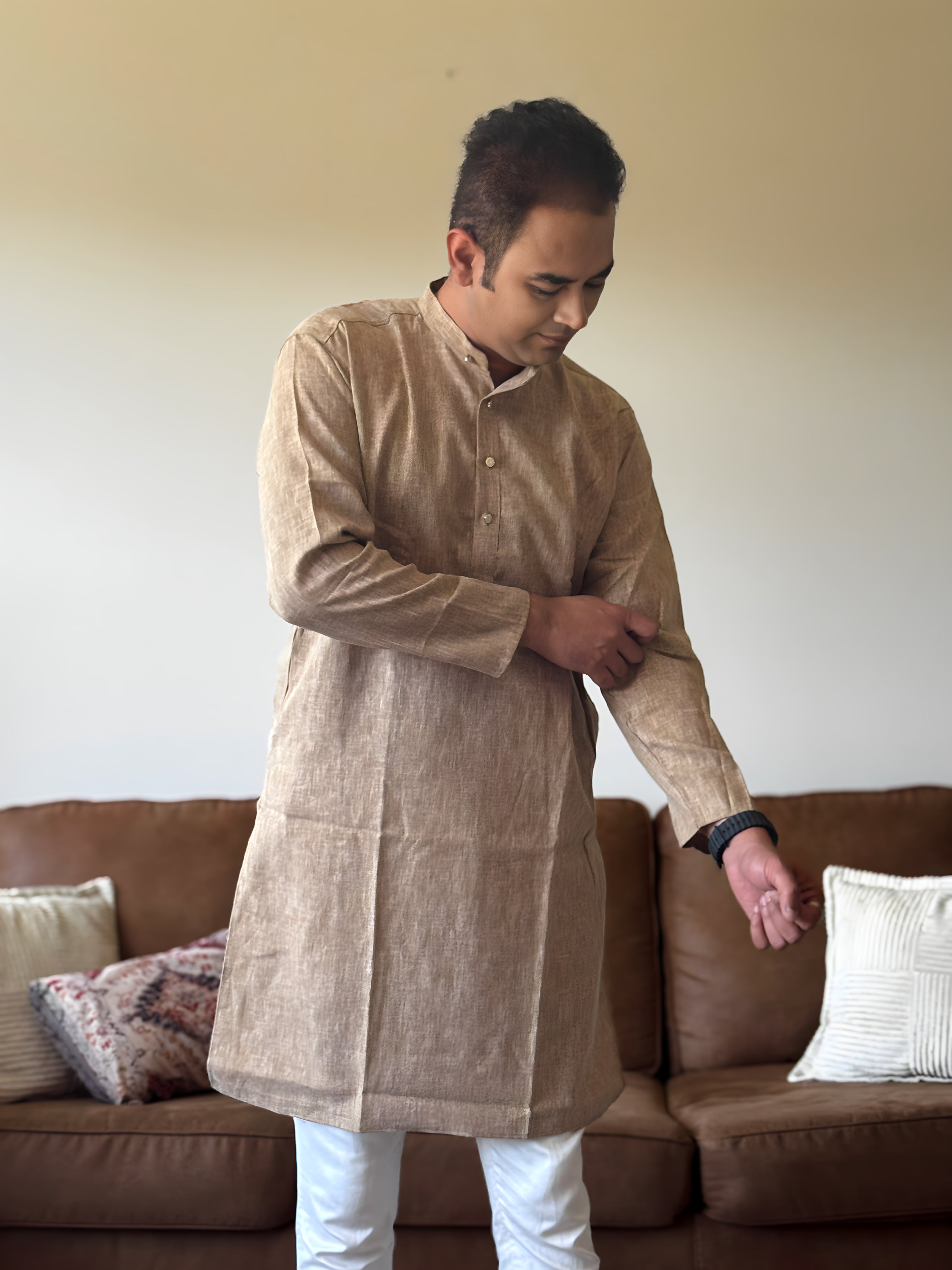 Light Brown Linen Men Kurta