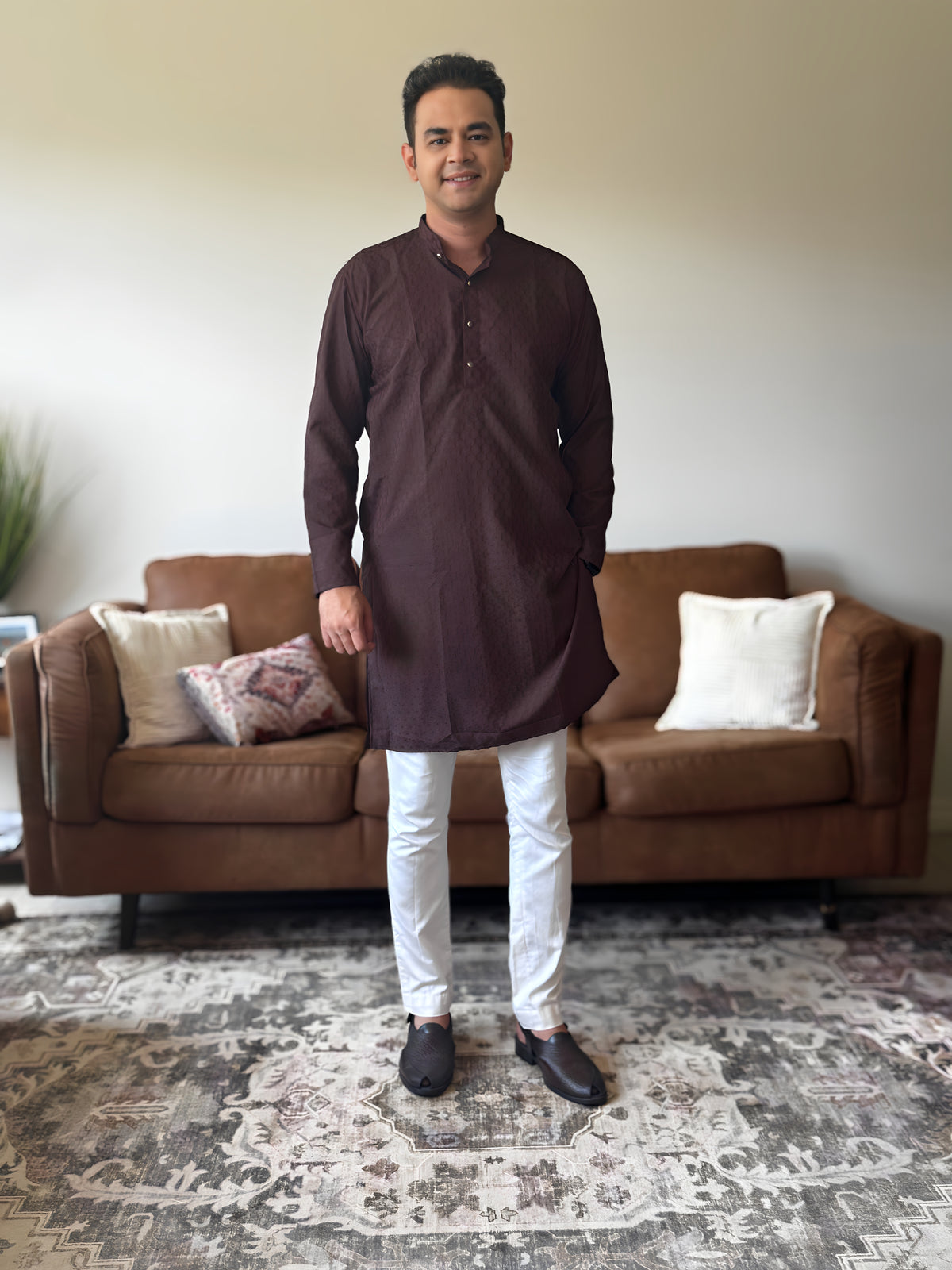 Chocolate Self Print Men Kurta